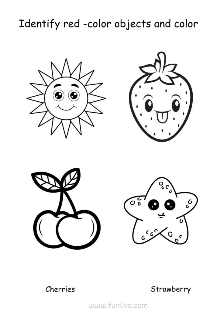 Red color recognition worksheet with apples, strawberries, tomatoes and other red objects
