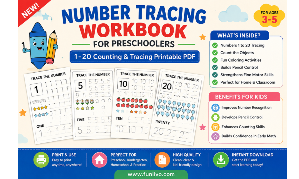 Free Number Tracing Worksheets 1-20 for Preschool Kids | Printable PDF