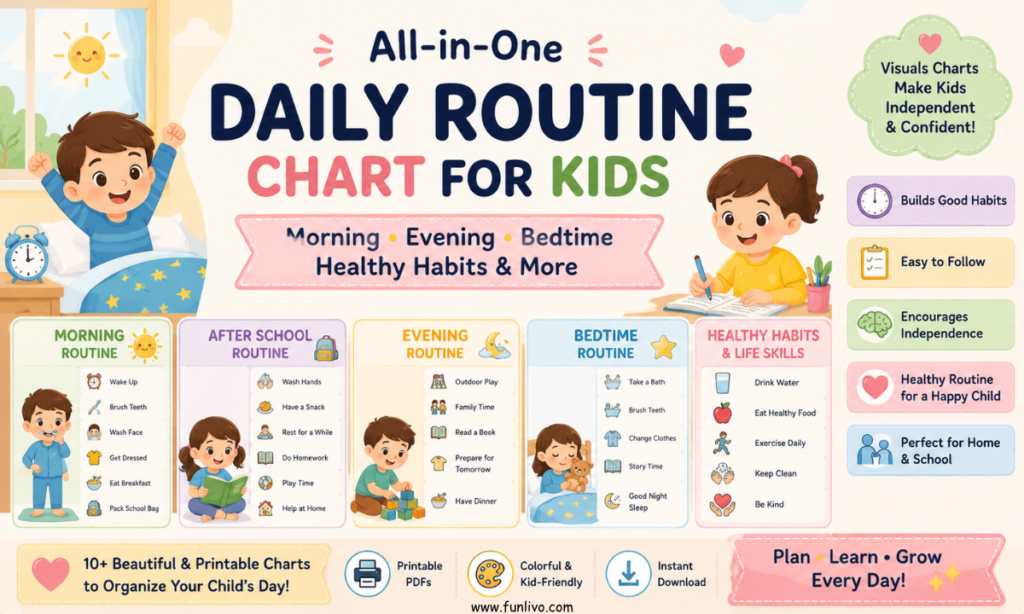Daily routine chart for kids showing morning, evening, bedtime and healthy habits