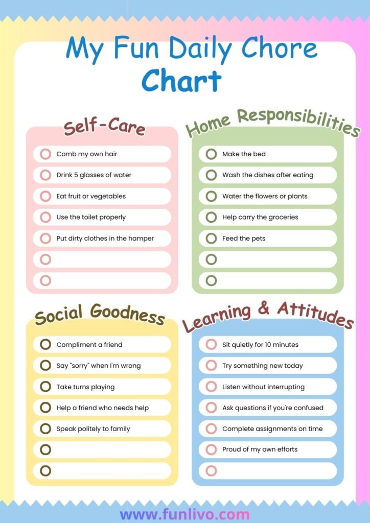Printable daily chore chart for preschoolers with self-care, home responsibilities, social goodness, and learning and attitude activities for kids ages 3–6.