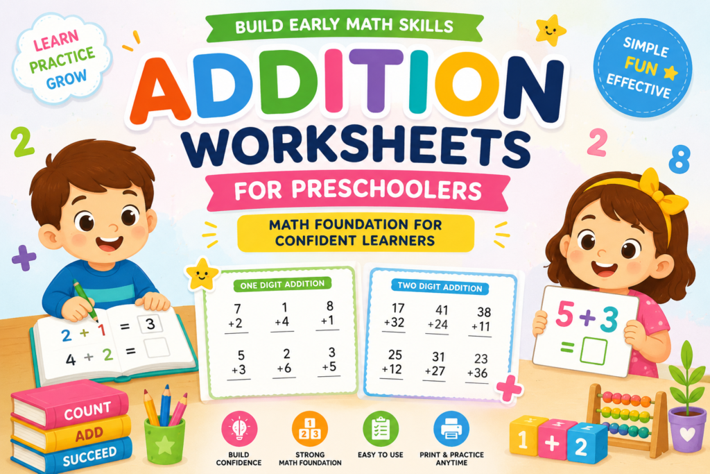 Printable addition worksheet for preschoolers with simple addition problems for early math practice