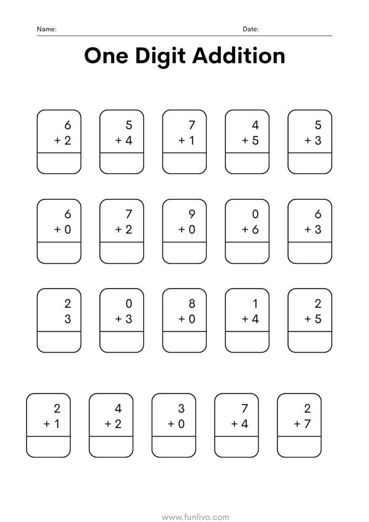 Printable one-digit addition worksheet for preschoolers with simple addition problems for early math practice