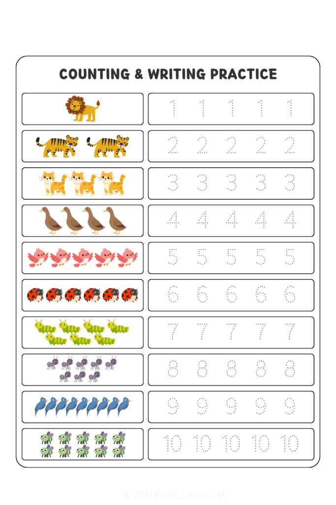 Counting and Writing Numbers 1–10 Worksheet for Preschool