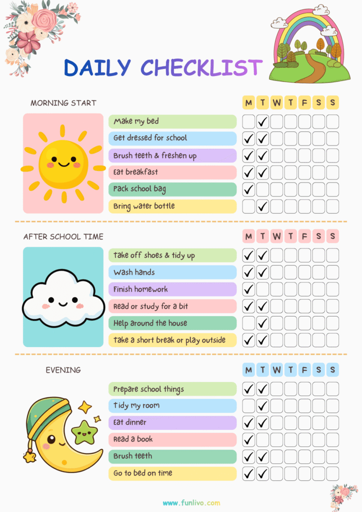 Daily routine chart for kids showing morning, evening, bedtime and healthy habits