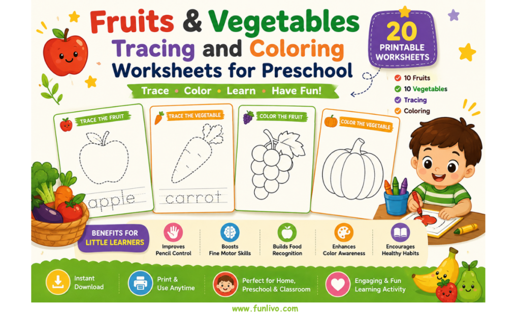 Fruits and Vegetables Tracing and Coloring Worksheets for Preschool kids