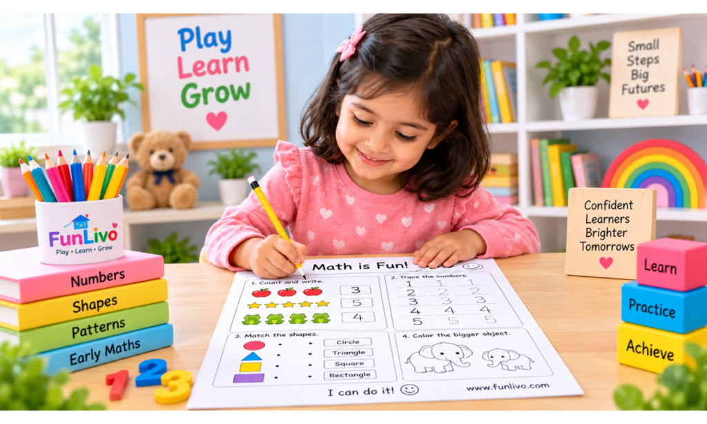 Explore the LKG Maths Syllabus for Preschool Kids, covering numbers, counting, shapes, patterns, comparison, measurement, positions, time, money, and early math skills.