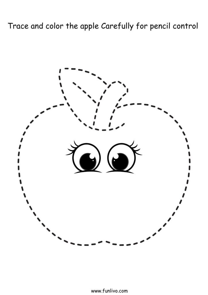 Trace and color the apple for pencil control activity worksheet