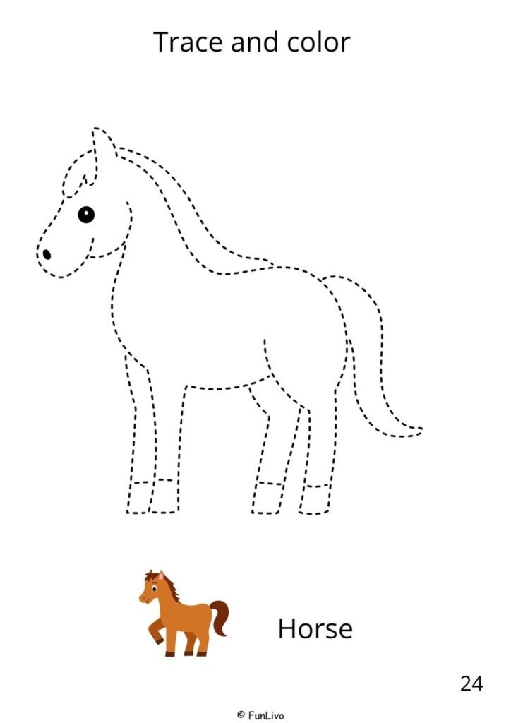 Horse farm animal tracing and coloring worksheet for preschool kids
