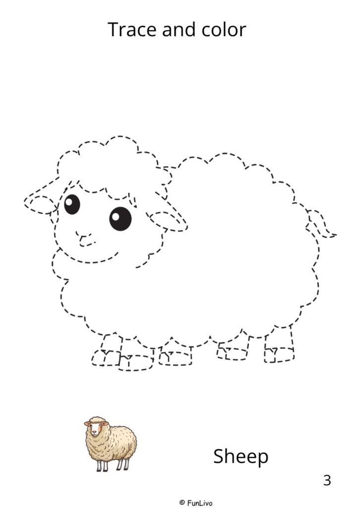 Farm animal tracing and coloring worksheets