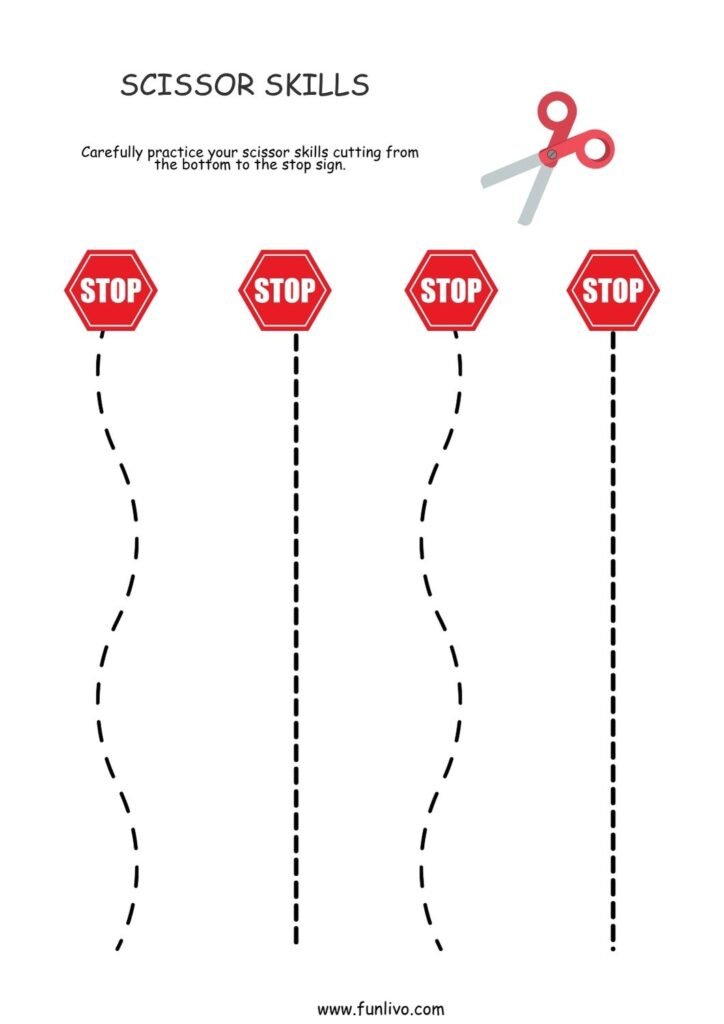 scissor cutting skill worksheet for preschool kids