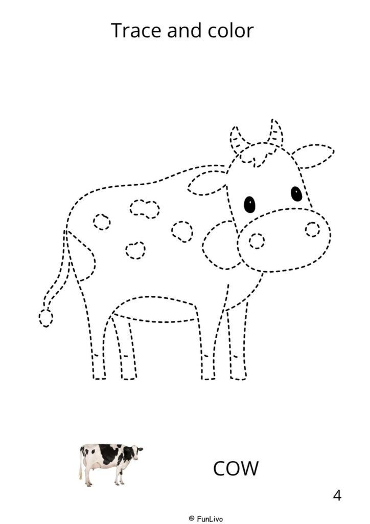 Cow farm animal tracing and coloring worksheet for preschool kids