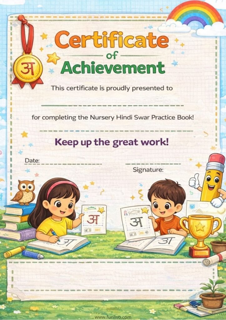Certificate Image of hindi swar coloring, tracing and activity worksheets PDF