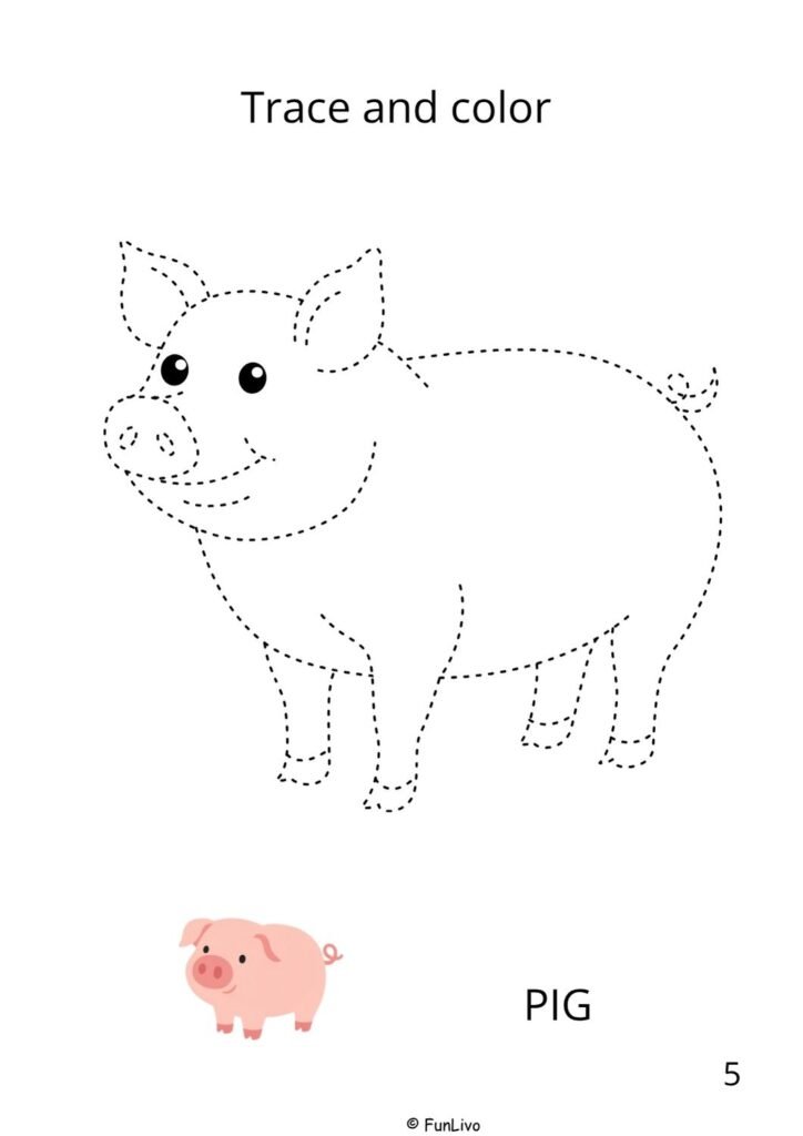 Pig farm animal tracing and coloring worksheet for preschool kids