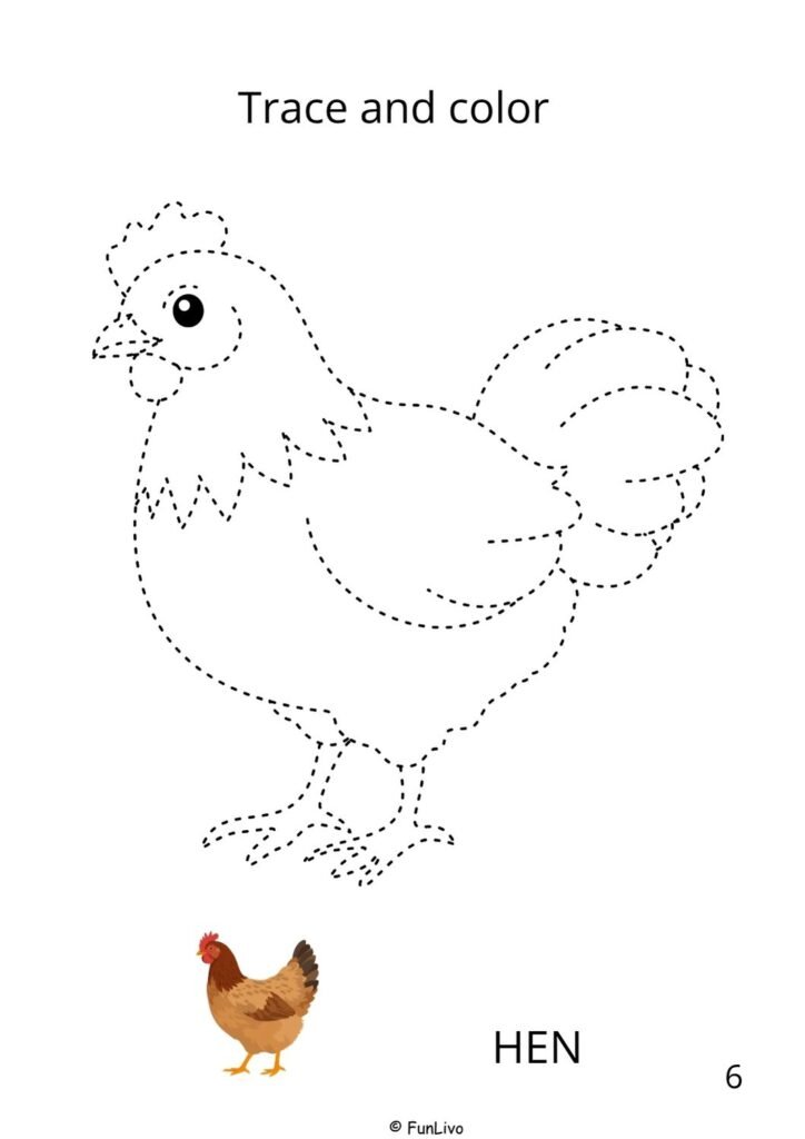 Hen farm animal tracing and coloring worksheet for preschool kids