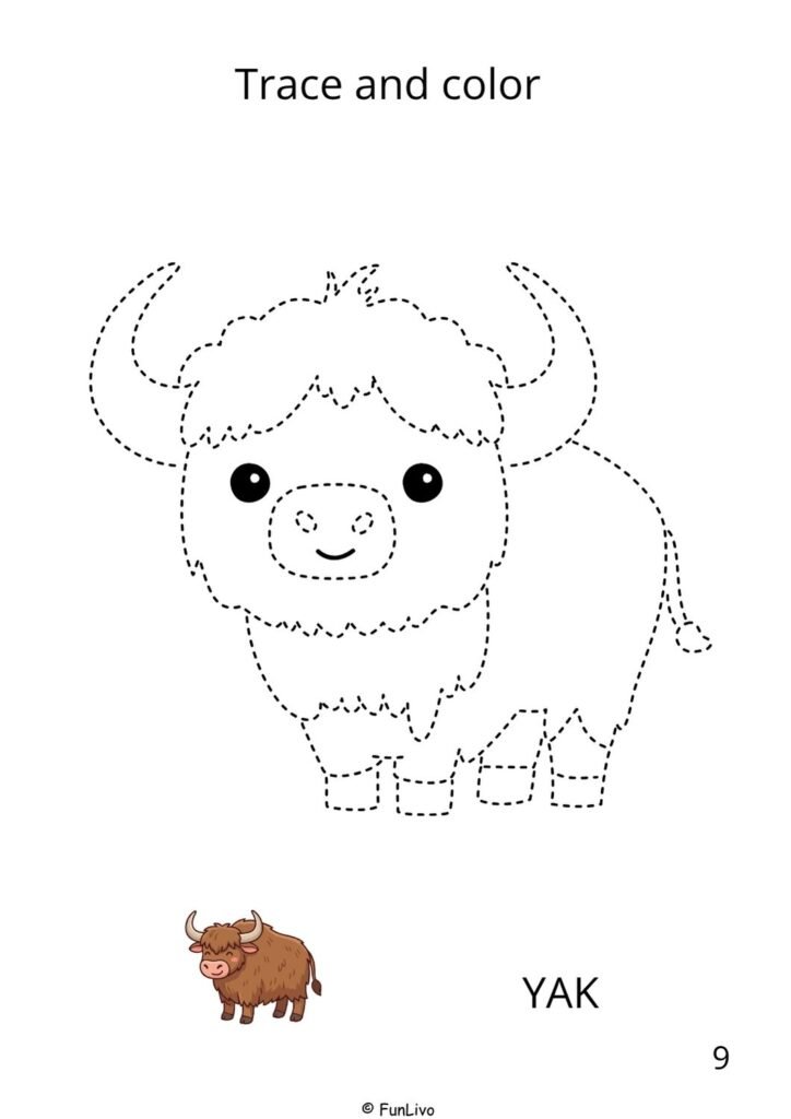 Yak farm animal tracing and coloring worksheet for preschool kids