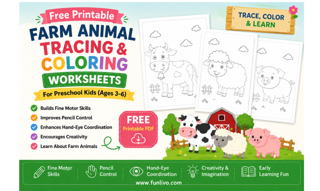 Farm Animal Tracing and Coloring Worksheets for Preschool