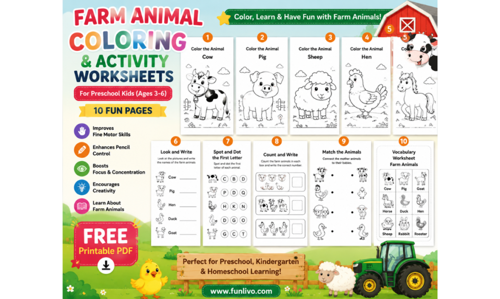 Farm Animal Coloring and Activity Worksheets for Preschool Kids